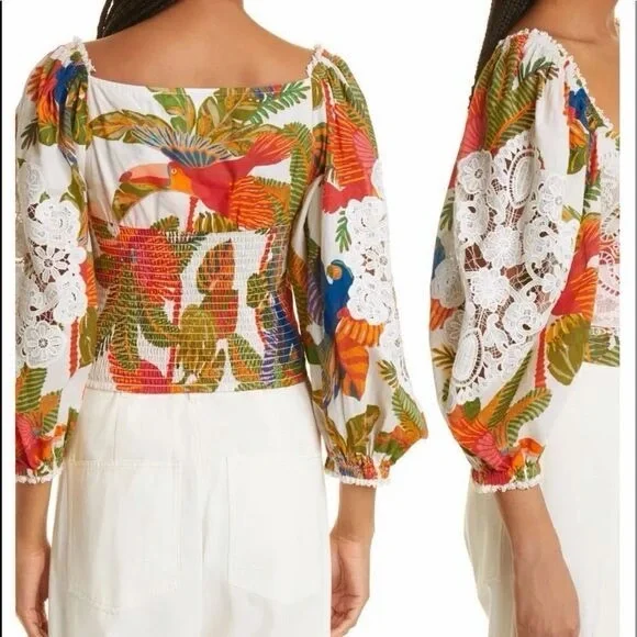 NWT Farm Rio Forest Birds crochet and guipure lace Cropped Blouse Size L - Picture 2 of 16
